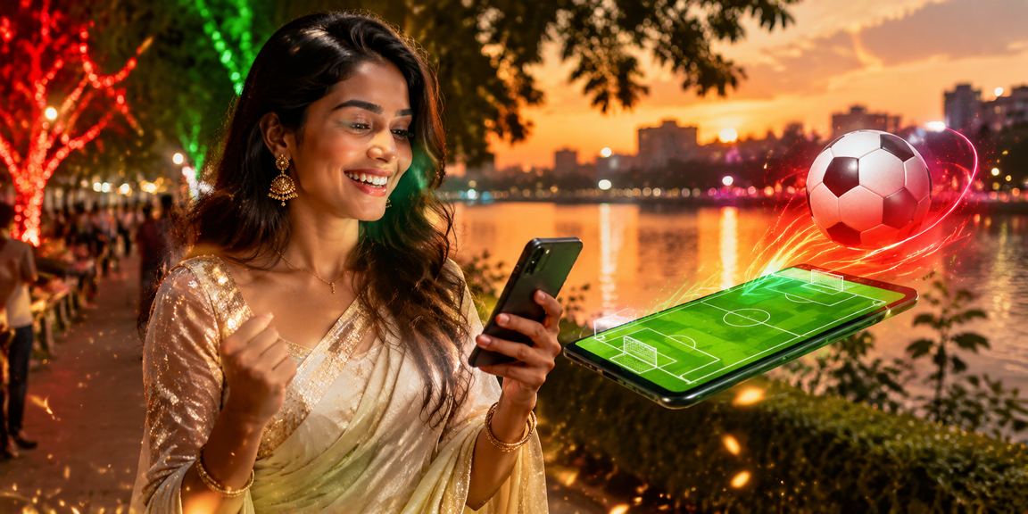 ঢাকায় শাড়ি পরিহিত নারী মোবাইলে ফুটবল বেটিং ফ্রি বেট অফার দেখছেন